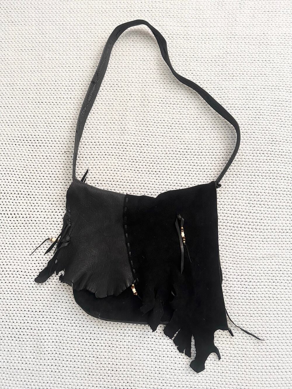 Erda Maine Black Deerskin Leather Suede Whipstitch Tassel Messenger Handcrafted